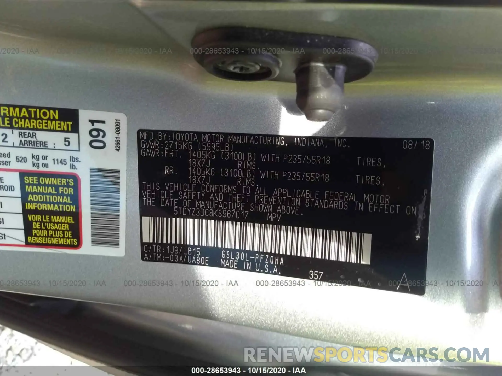 9 Photograph of a damaged car 5TDYZ3DC8KS967017 TOYOTA SIENNA 2019