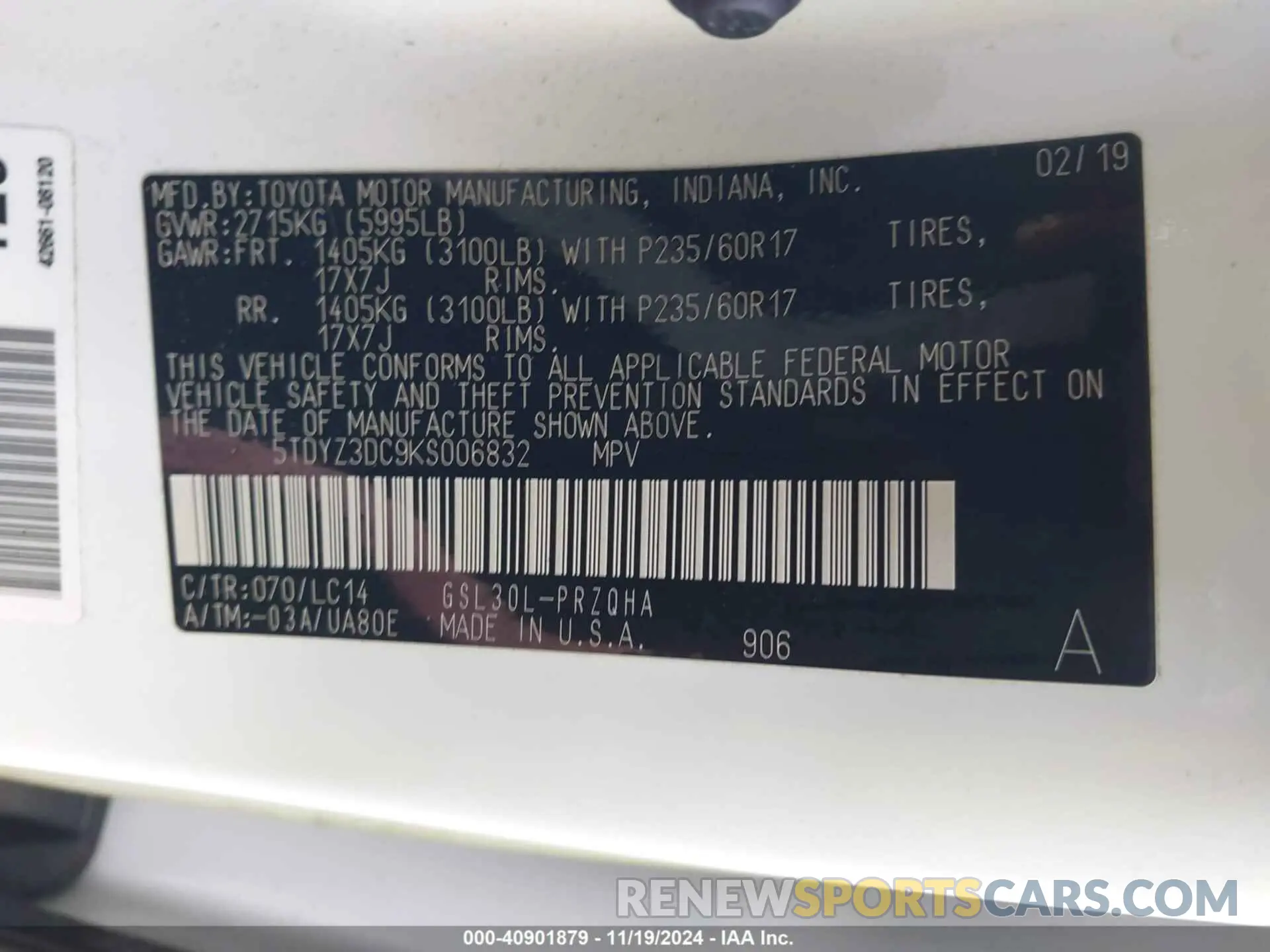 9 Фотография поврежденного автомобиля 5TDYZ3DC9KS006832 TOYOTA SIENNA 2019