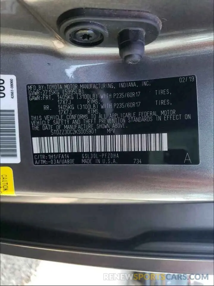 10 Photograph of a damaged car 5TDZZ3DC2KS005901 TOYOTA SIENNA 2019