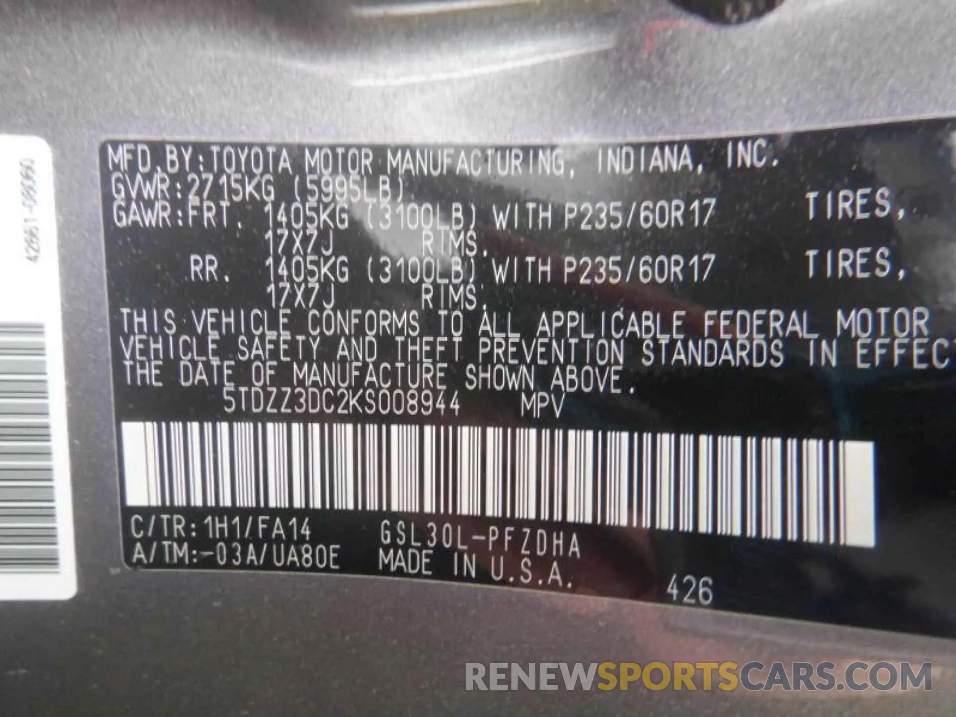 14 Фотография поврежденного автомобиля 5TDZZ3DC2KS008944 TOYOTA SIENNA 2019