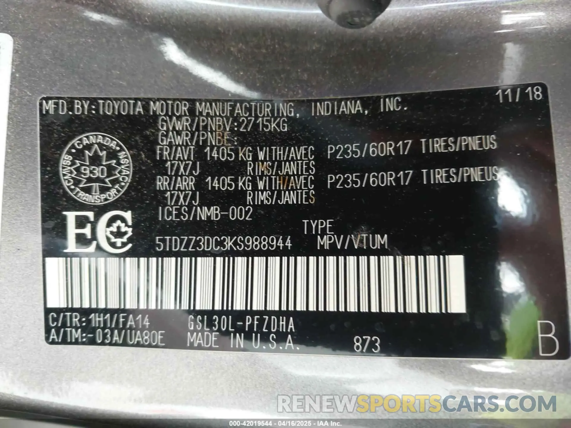 9 Photograph of a damaged car 5TDZZ3DC3KS988944 TOYOTA SIENNA 2019