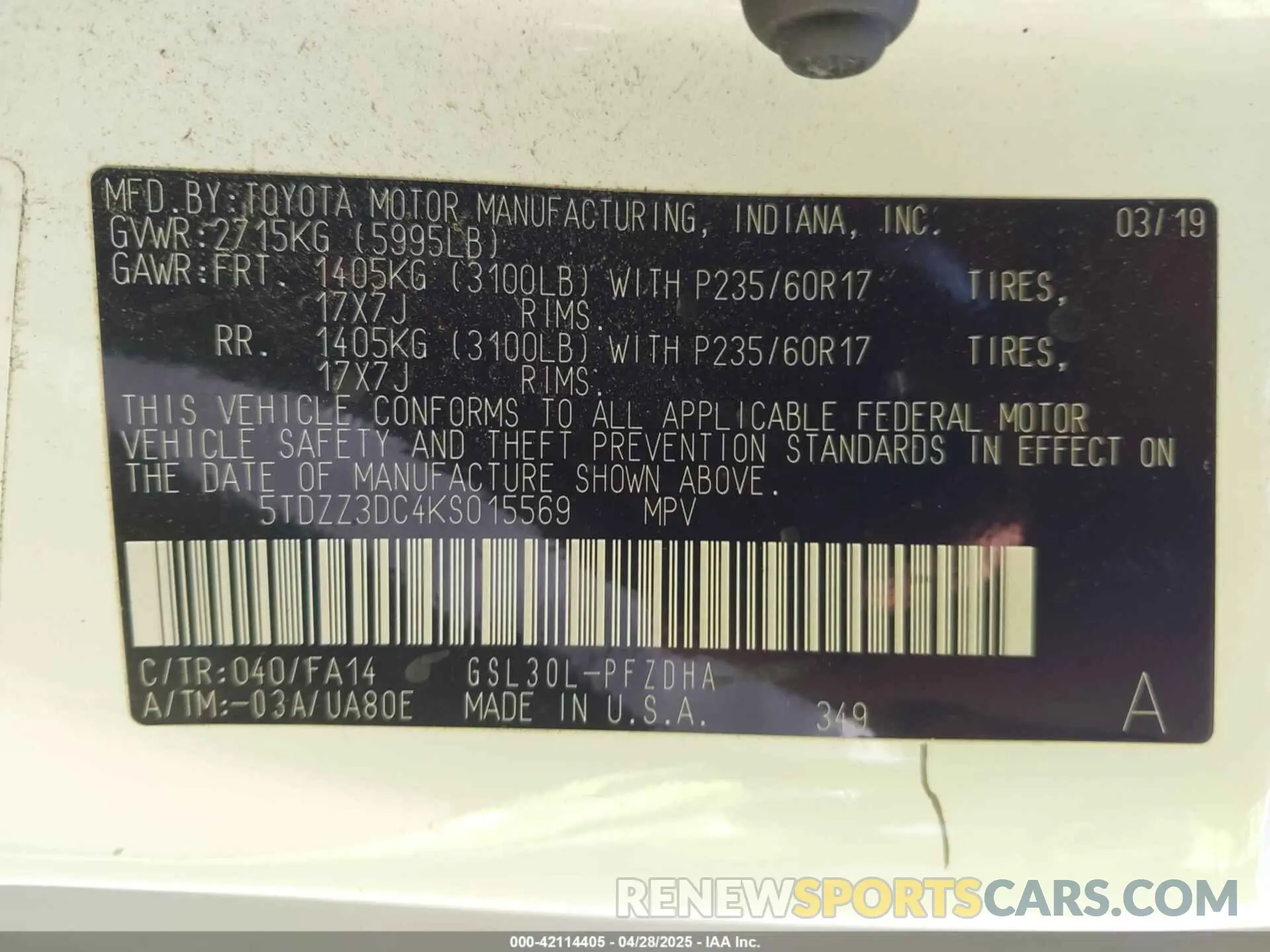 9 Фотография поврежденного автомобиля 5TDZZ3DC4KS015569 TOYOTA SIENNA 2019