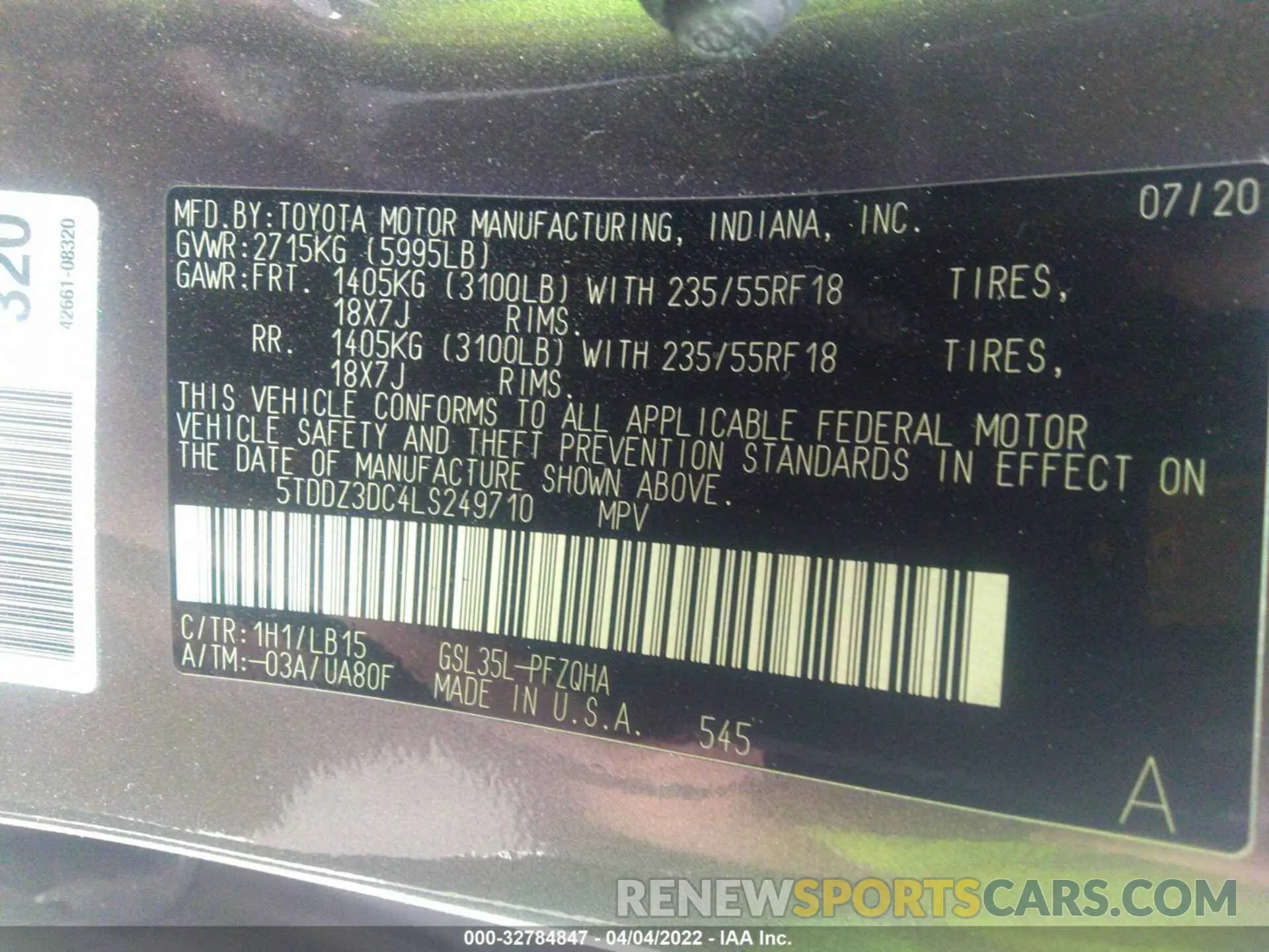 9 Photograph of a damaged car 5TDDZ3DC4LS249710 TOYOTA SIENNA 2020
