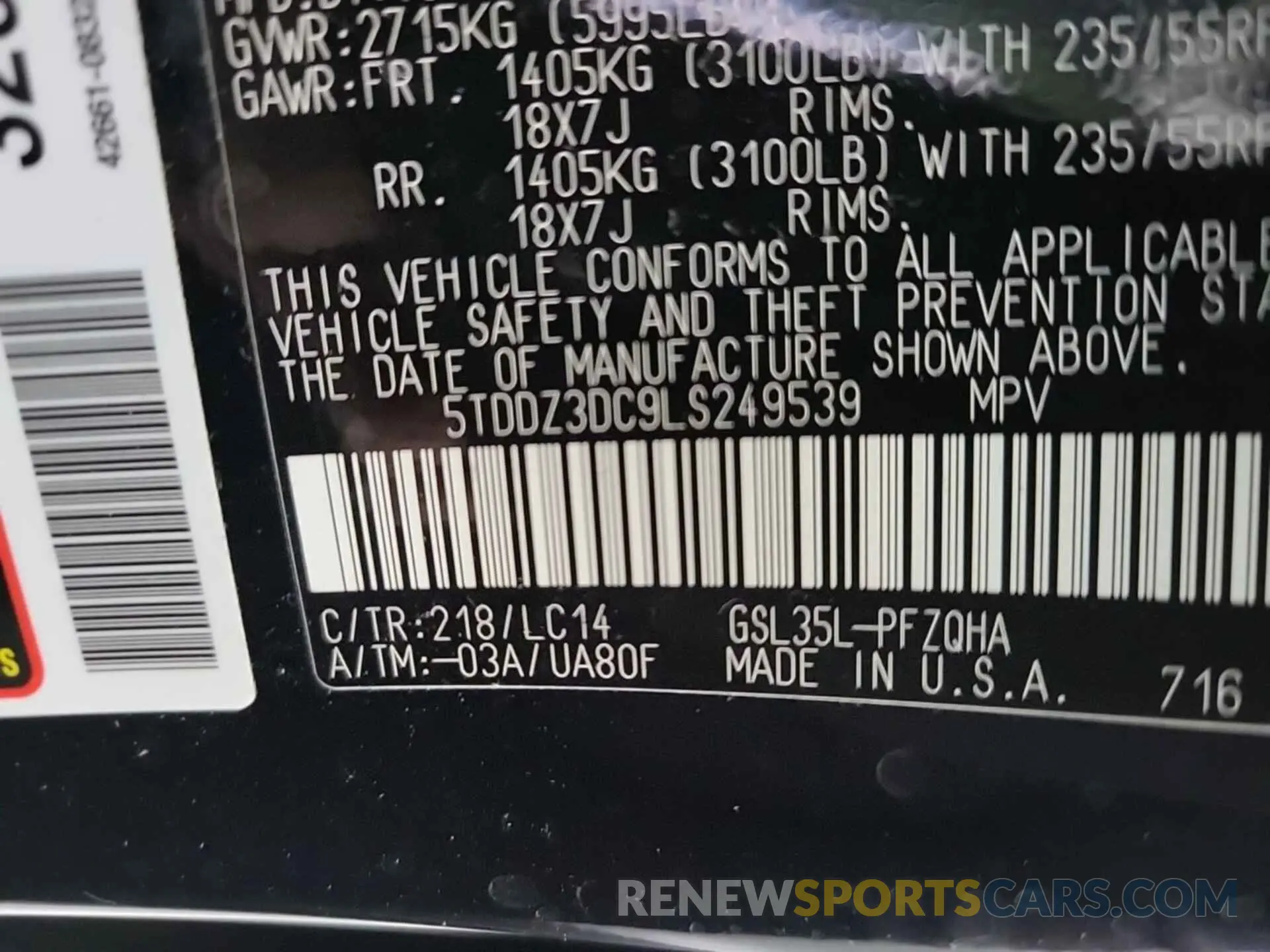 14 Photograph of a damaged car 5TDDZ3DC9LS249539 TOYOTA SIENNA 2020