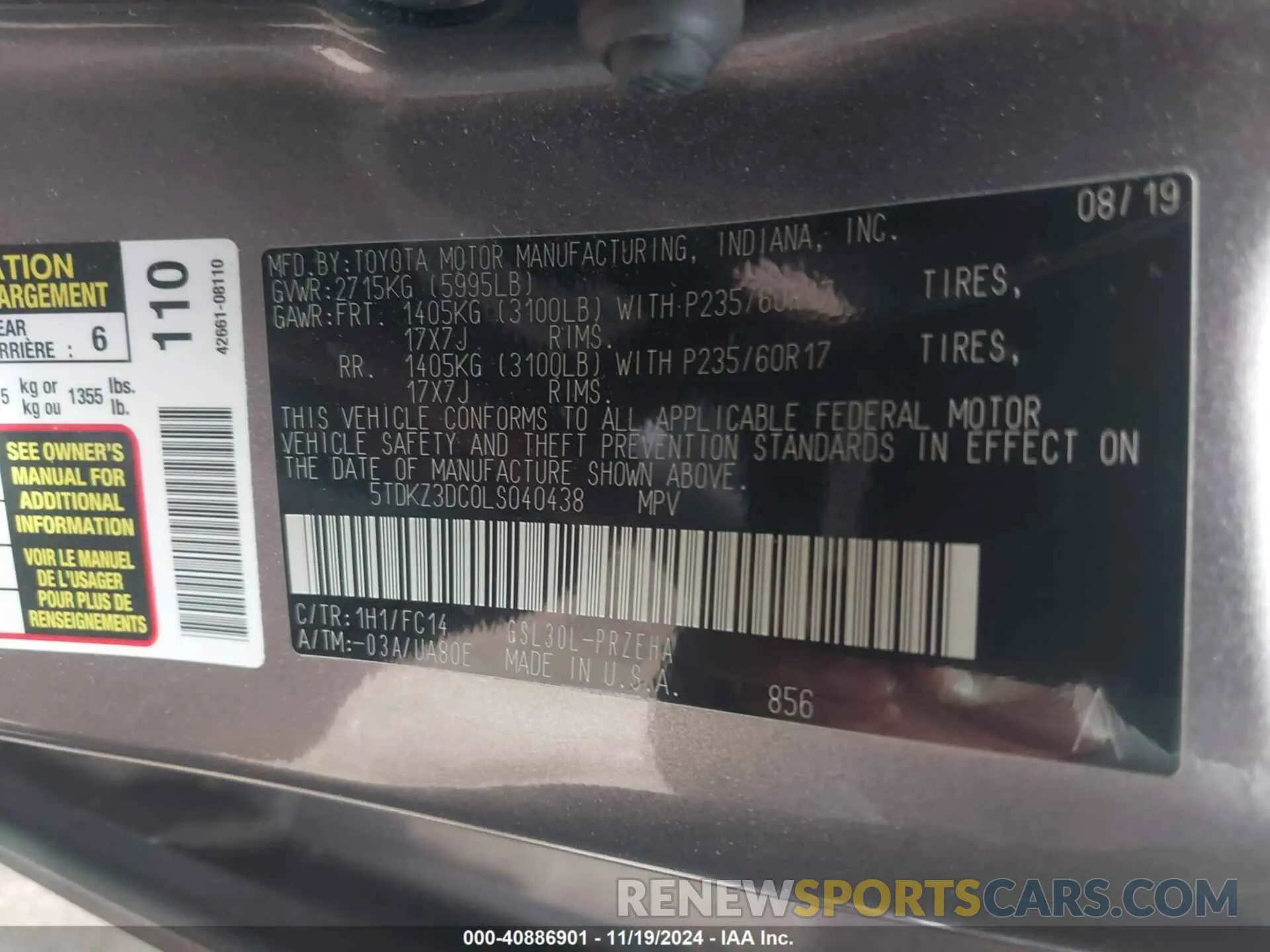 9 Photograph of a damaged car 5TDKZ3DC0LS040438 TOYOTA SIENNA 2020