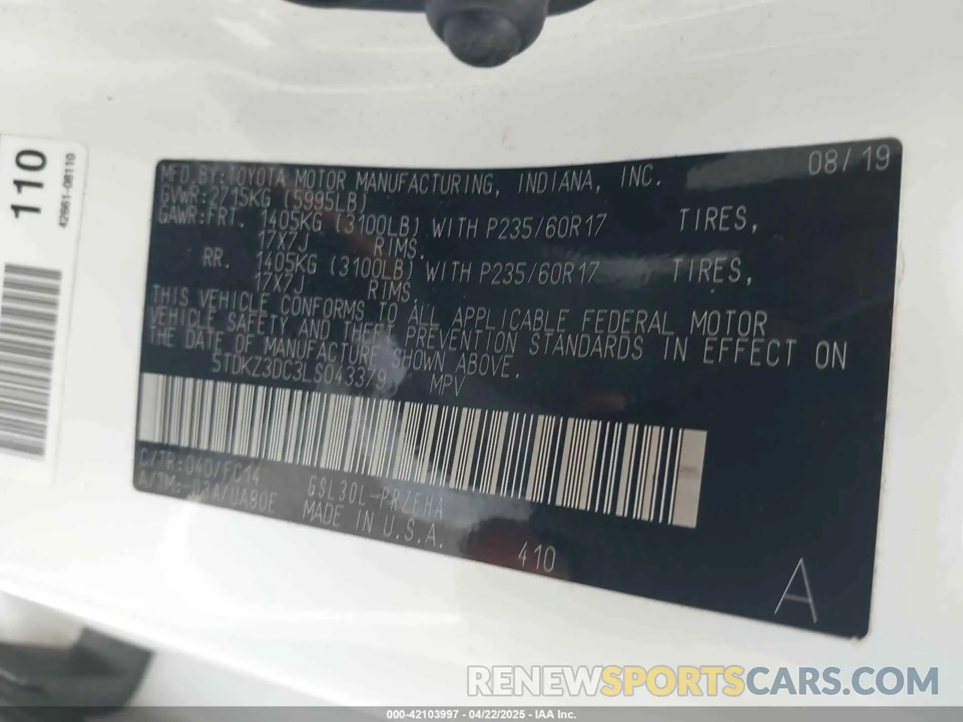 9 Photograph of a damaged car 5TDKZ3DC3LS043379 TOYOTA SIENNA 2020