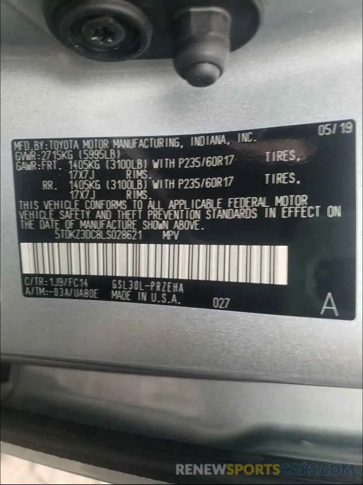 10 Photograph of a damaged car 5TDKZ3DC8LS028621 TOYOTA SIENNA 2020