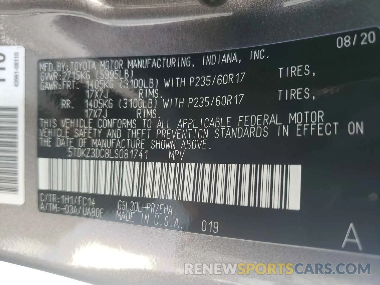 10 Photograph of a damaged car 5TDKZ3DC8LS081741 TOYOTA SIENNA 2020
