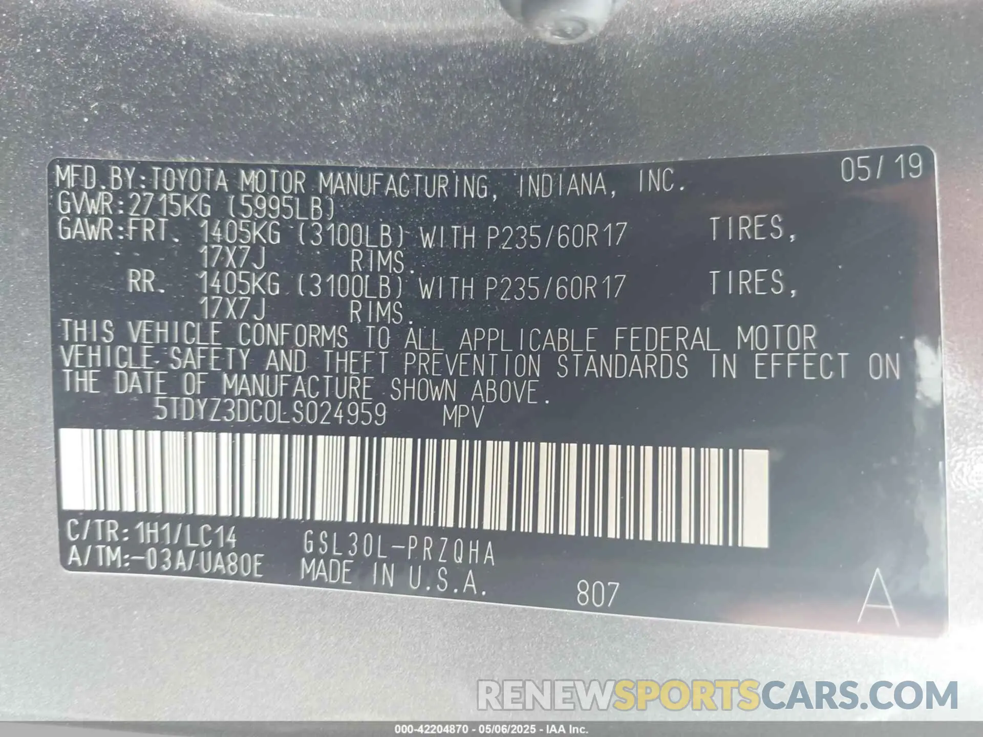9 Photograph of a damaged car 5TDYZ3DC0LS024959 TOYOTA SIENNA 2020
