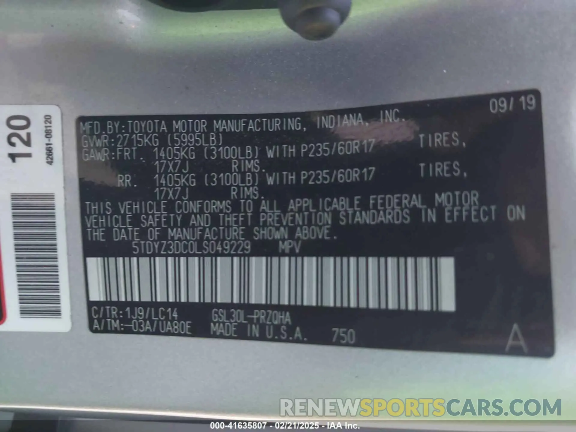 9 Photograph of a damaged car 5TDYZ3DC0LS049229 TOYOTA SIENNA 2020