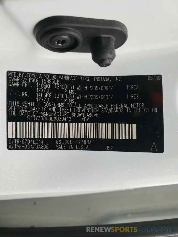 10 Photograph of a damaged car 5TDYZ3DC6LS030412 TOYOTA SIENNA 2020