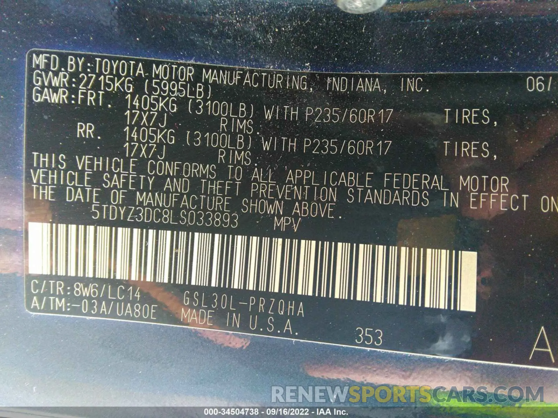 9 Photograph of a damaged car 5TDYZ3DC8LS033893 TOYOTA SIENNA 2020