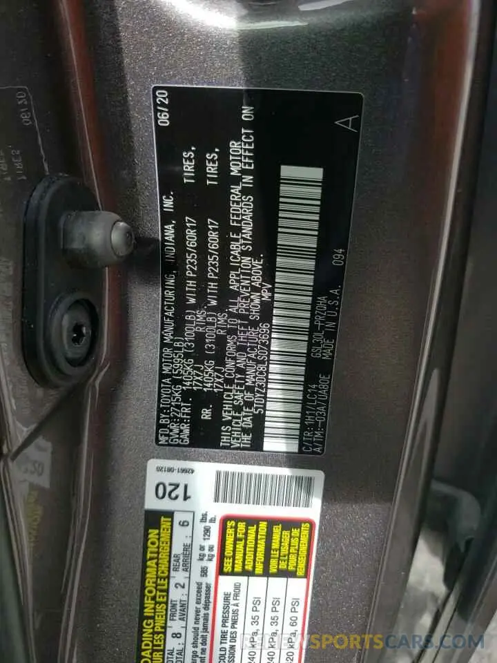 10 Фотография поврежденного автомобиля 5TDYZ3DC8LS073696 TOYOTA SIENNA 2020