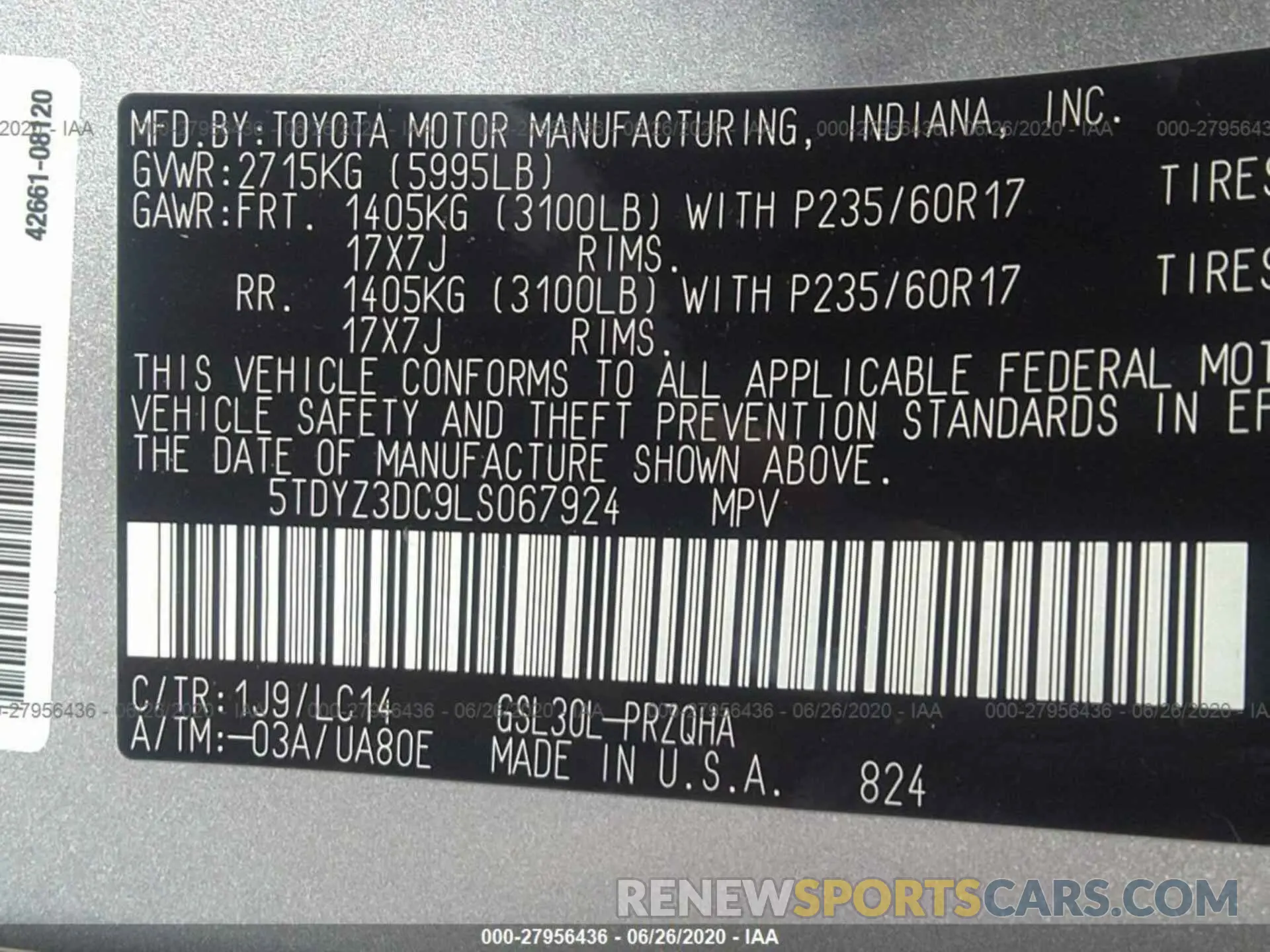 9 Photograph of a damaged car 5TDYZ3DC9LS067924 TOYOTA SIENNA 2020