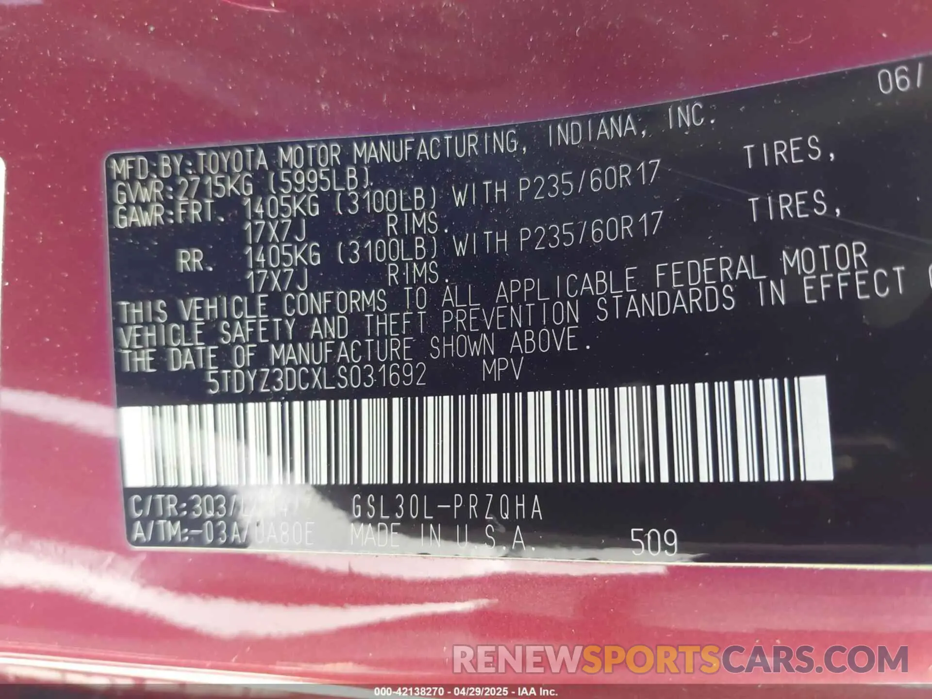 9 Photograph of a damaged car 5TDYZ3DCXLS031692 TOYOTA SIENNA 2020
