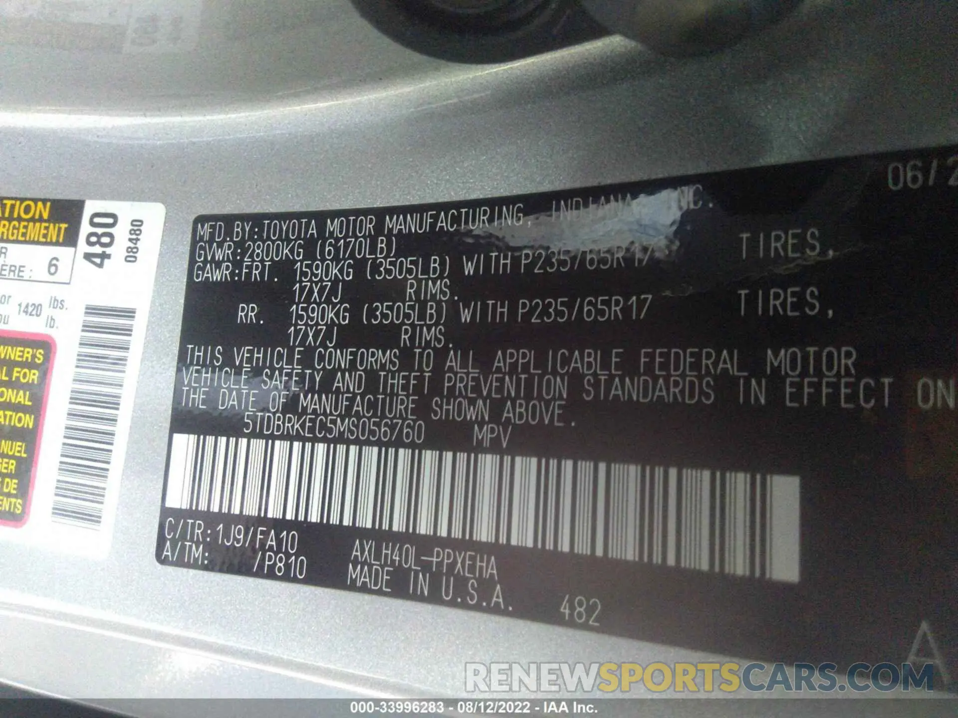 9 Photograph of a damaged car 5TDBRKEC5MS056760 TOYOTA SIENNA 2021