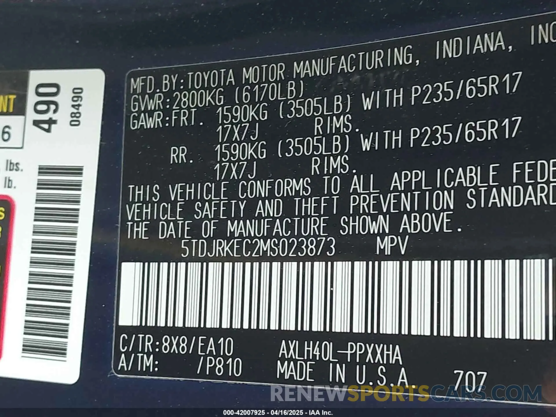 9 Фотография поврежденного автомобиля 5TDJRKEC2MS023873 TOYOTA SIENNA 2021
