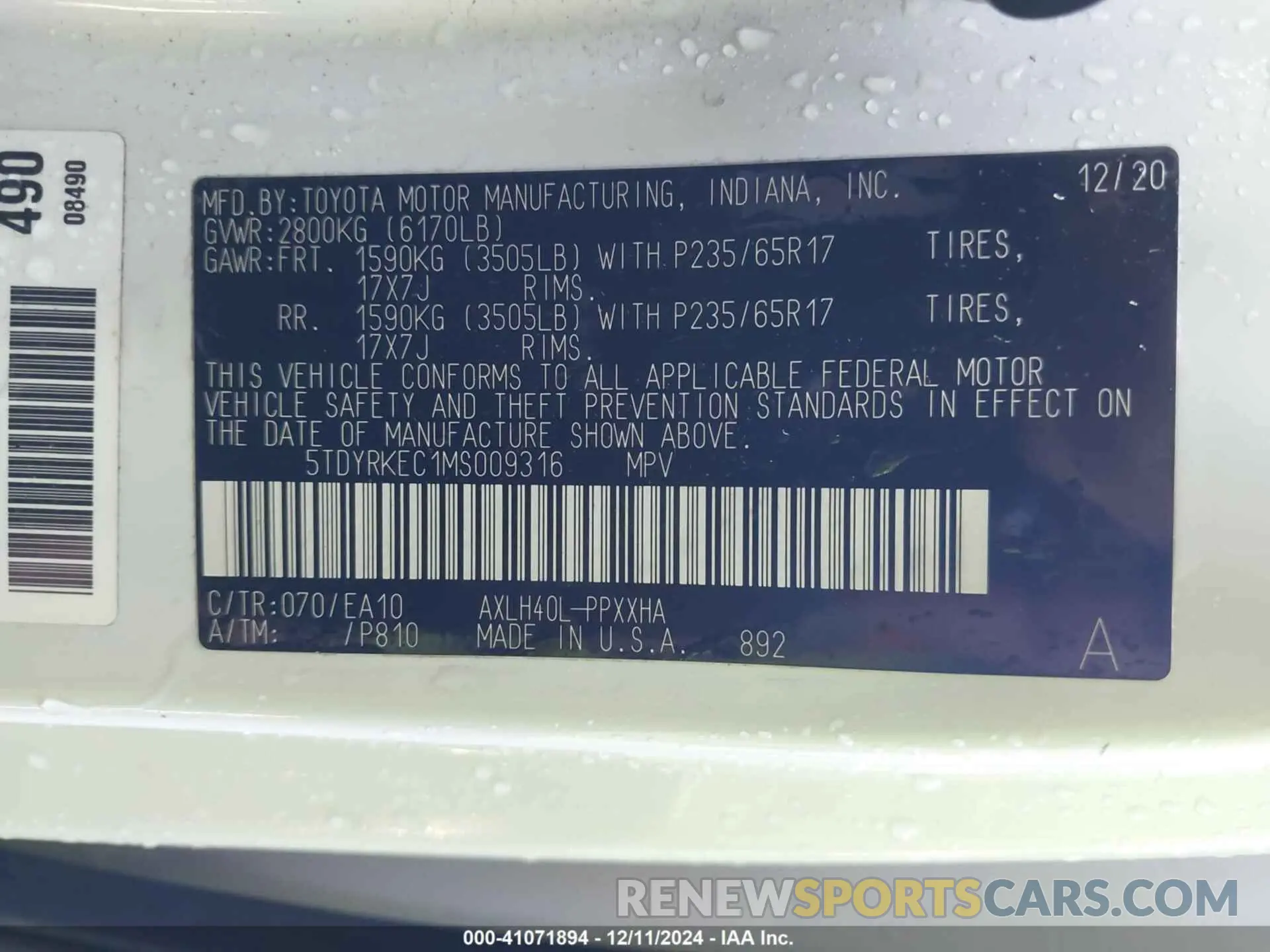 9 Photograph of a damaged car 5TDYRKEC1MS009316 TOYOTA SIENNA 2021