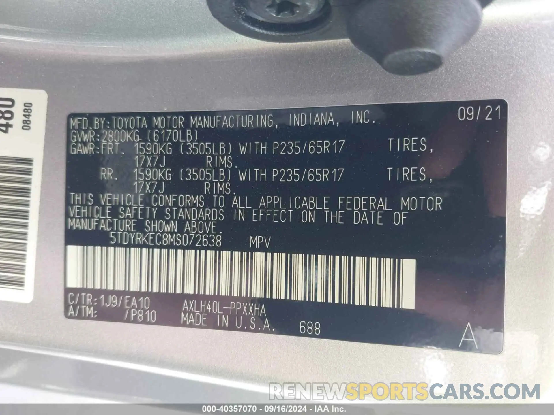 9 Фотография поврежденного автомобиля 5TDYRKEC8MS072638 TOYOTA SIENNA 2021