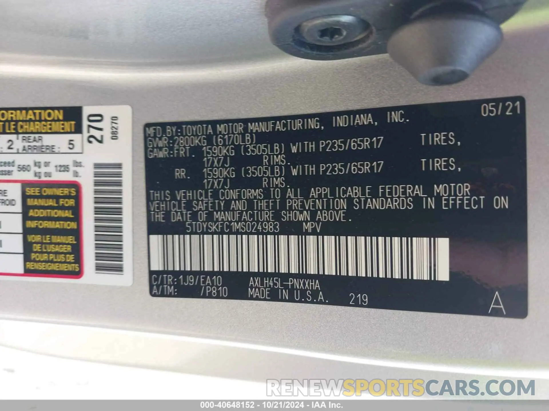 9 Фотография поврежденного автомобиля 5TDYSKFC1MS024983 TOYOTA SIENNA 2021