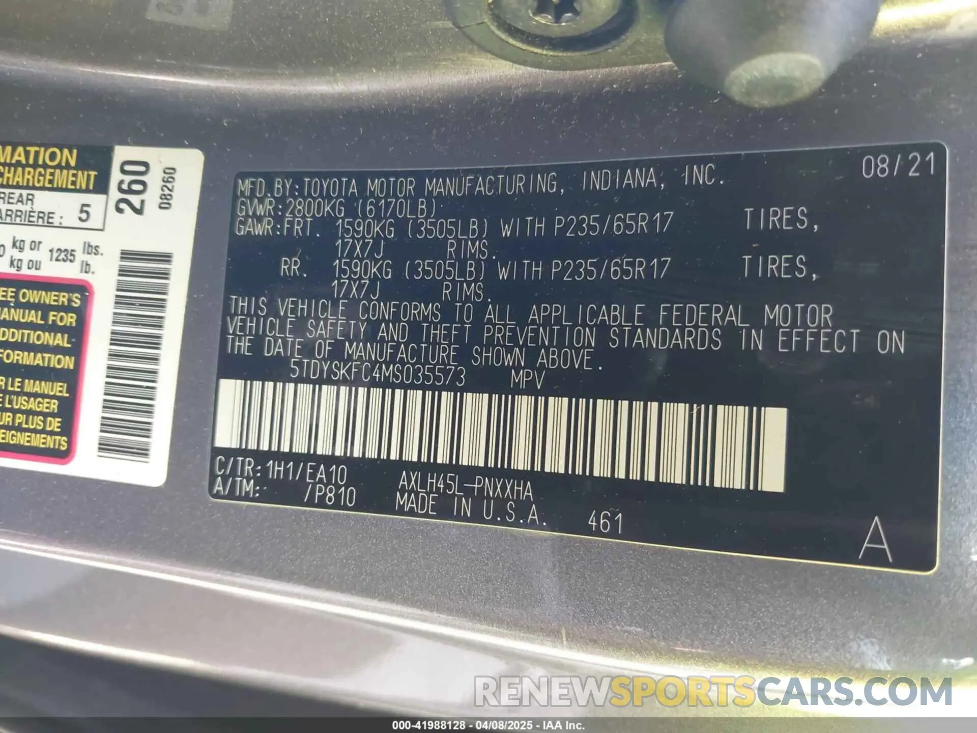 9 Фотография поврежденного автомобиля 5TDYSKFC4MS035573 TOYOTA SIENNA 2021