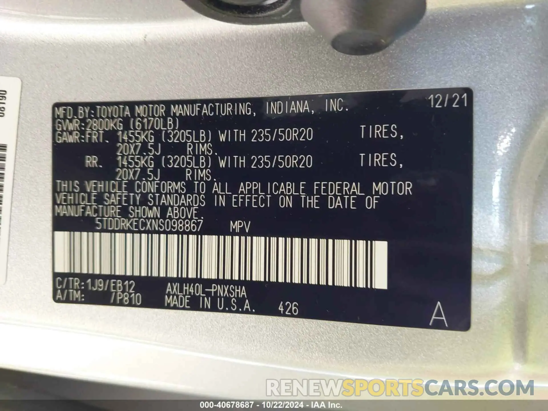 9 Photograph of a damaged car 5TDDRKECXNS098867 TOYOTA SIENNA 2022