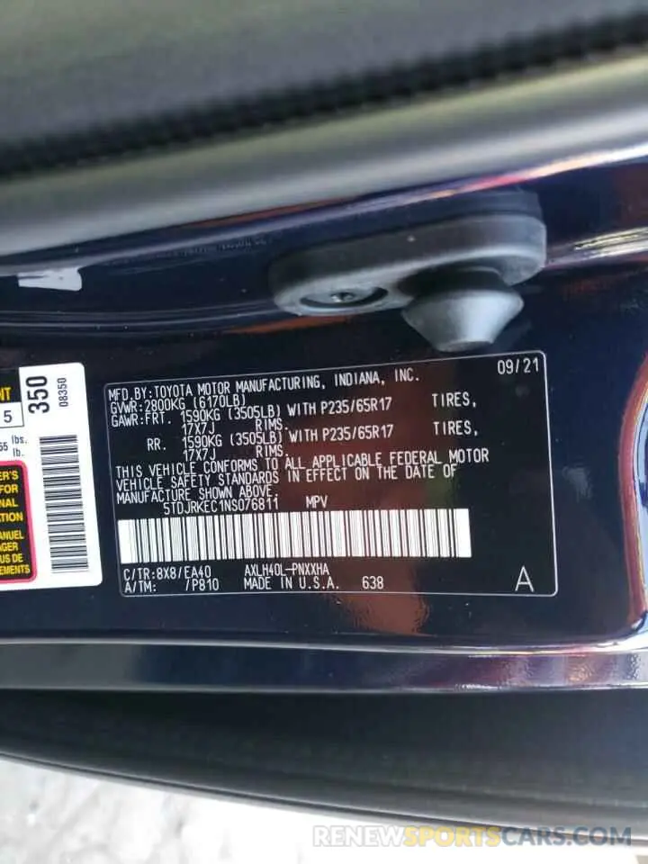 10 Фотография поврежденного автомобиля 5TDJRKEC1NS076811 TOYOTA SIENNA 2022