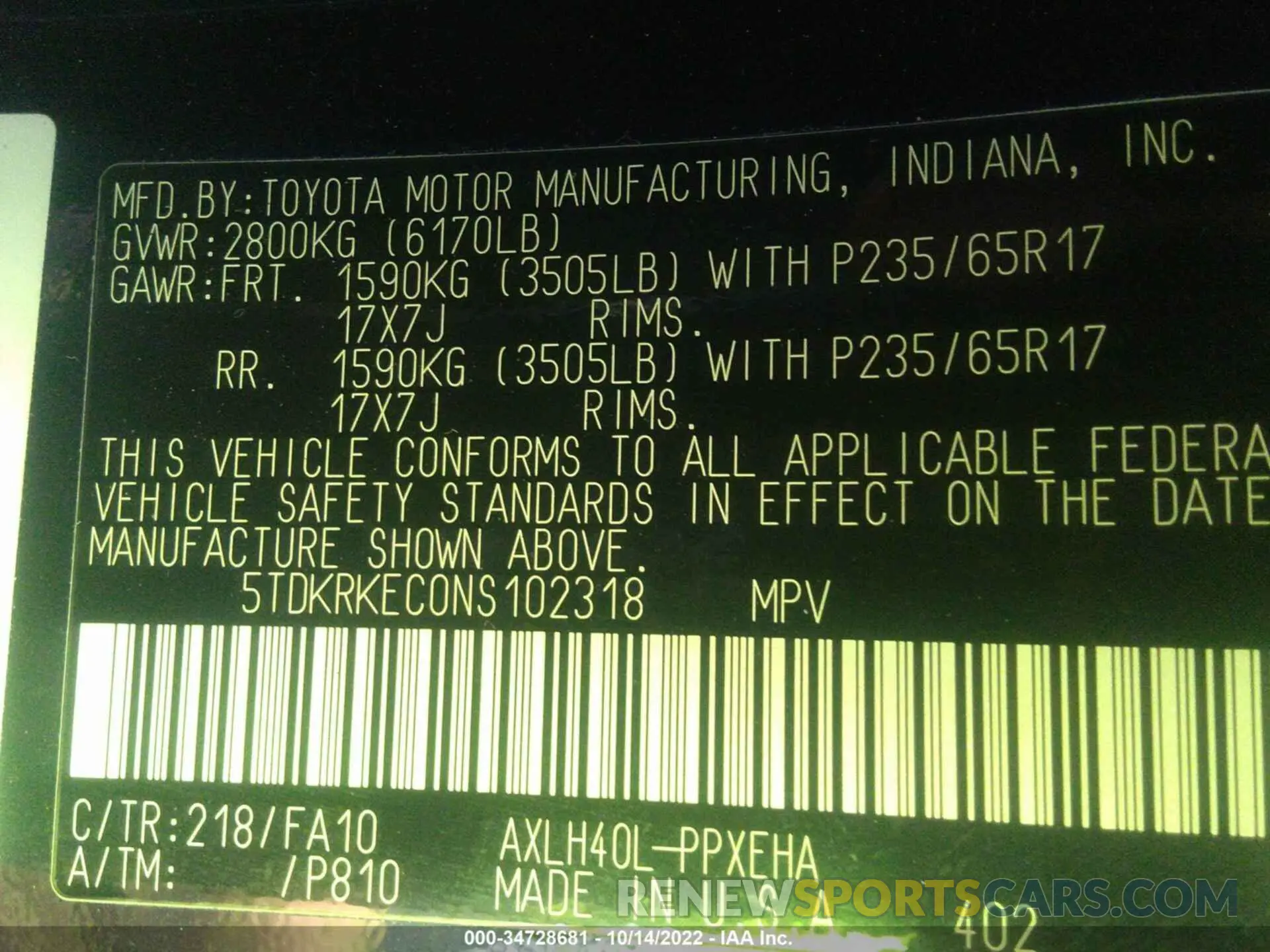 9 Photograph of a damaged car 5TDKRKEC0NS102318 TOYOTA SIENNA 2022