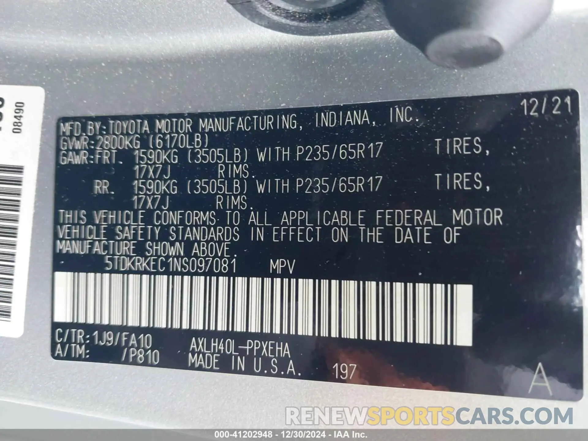 9 Фотография поврежденного автомобиля 5TDKRKEC1NS097081 TOYOTA SIENNA 2022