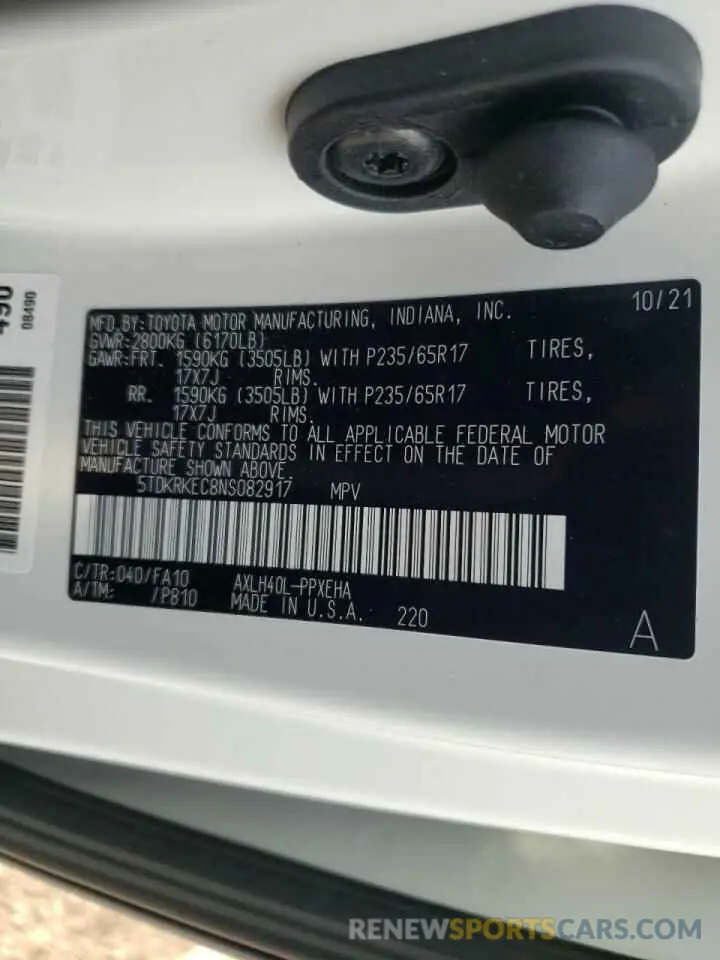 10 Photograph of a damaged car 5TDKRKEC8NS082917 TOYOTA SIENNA 2022