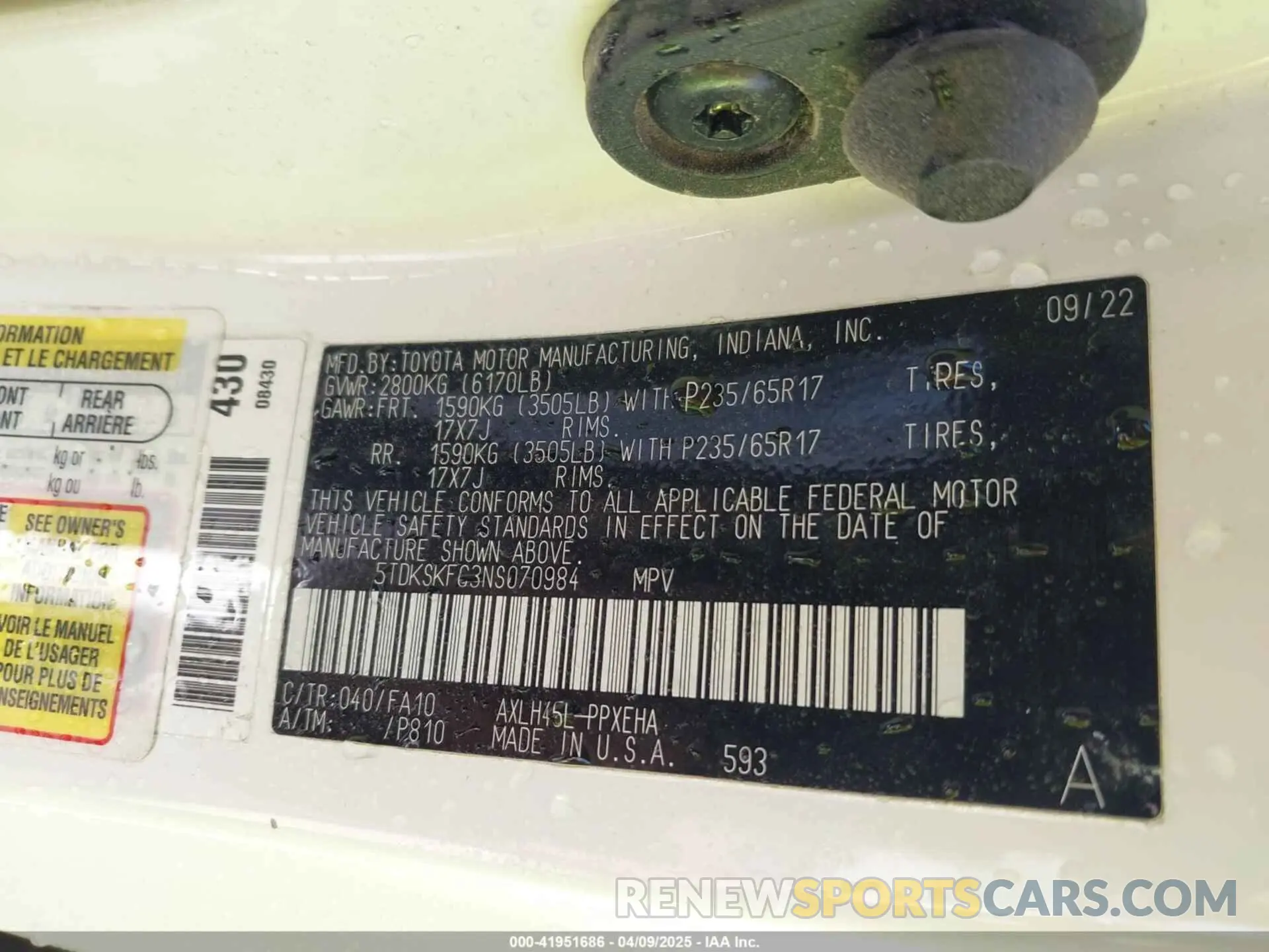 9 Фотография поврежденного автомобиля 5TDKSKFC3NS070984 TOYOTA SIENNA 2022