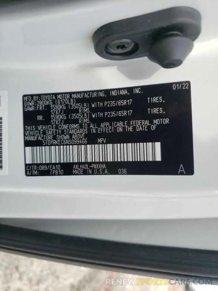 10 Photograph of a damaged car 5TDYRKEC6NS099466 TOYOTA SIENNA 2022