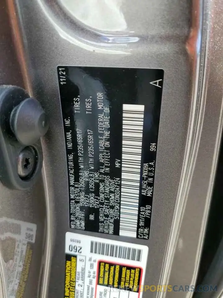 10 Photograph of a damaged car 5TDYSKFC0NS047124 TOYOTA SIENNA 2022