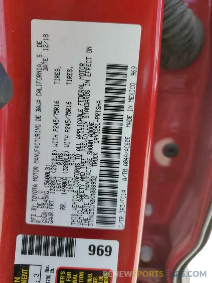12 Photograph of a damaged car 3TMAZ5CN0KM088952 TOYOTA TACOMA 2019