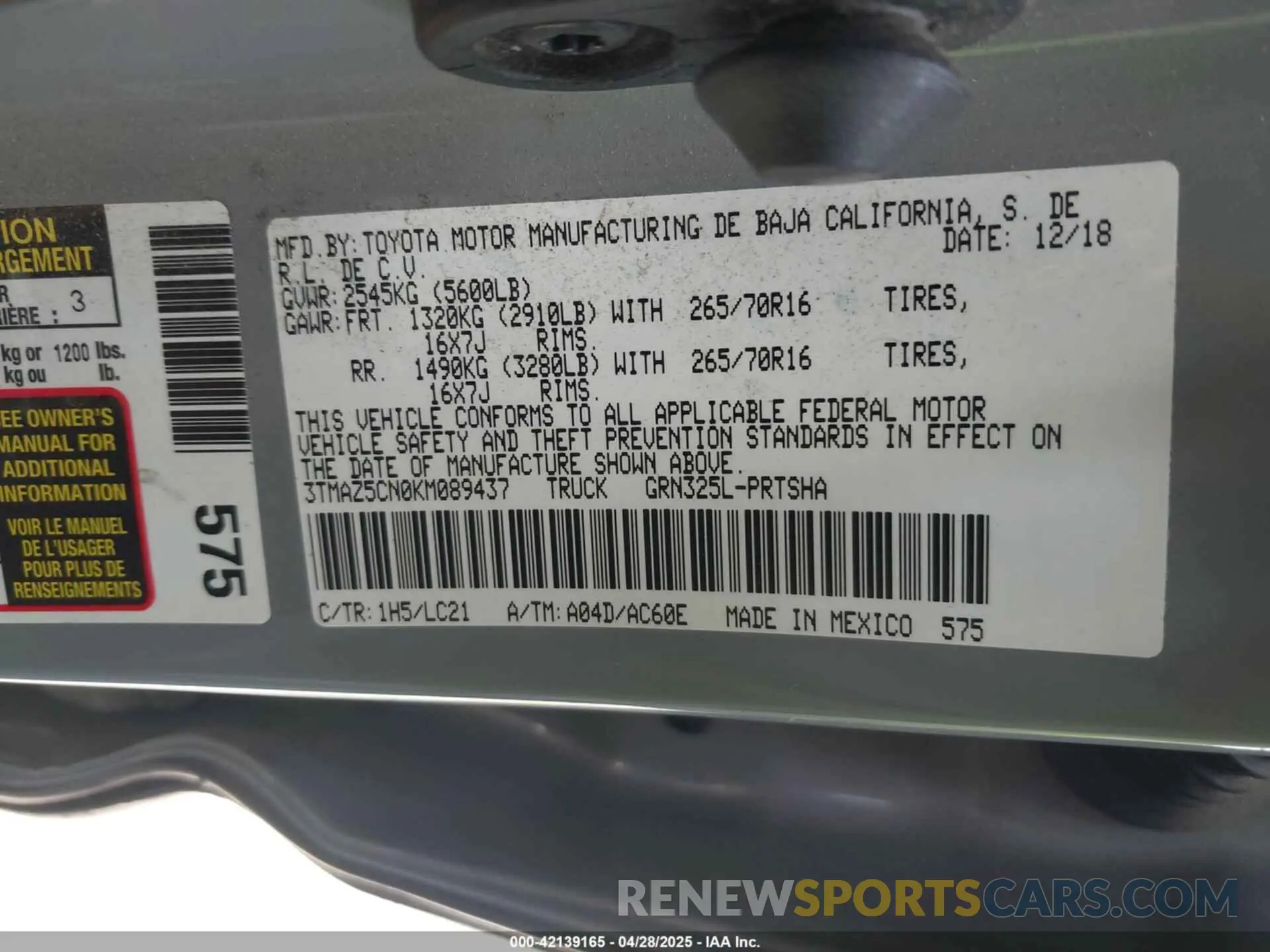 9 Фотография поврежденного автомобиля 3TMAZ5CN0KM089437 TOYOTA TACOMA 2019