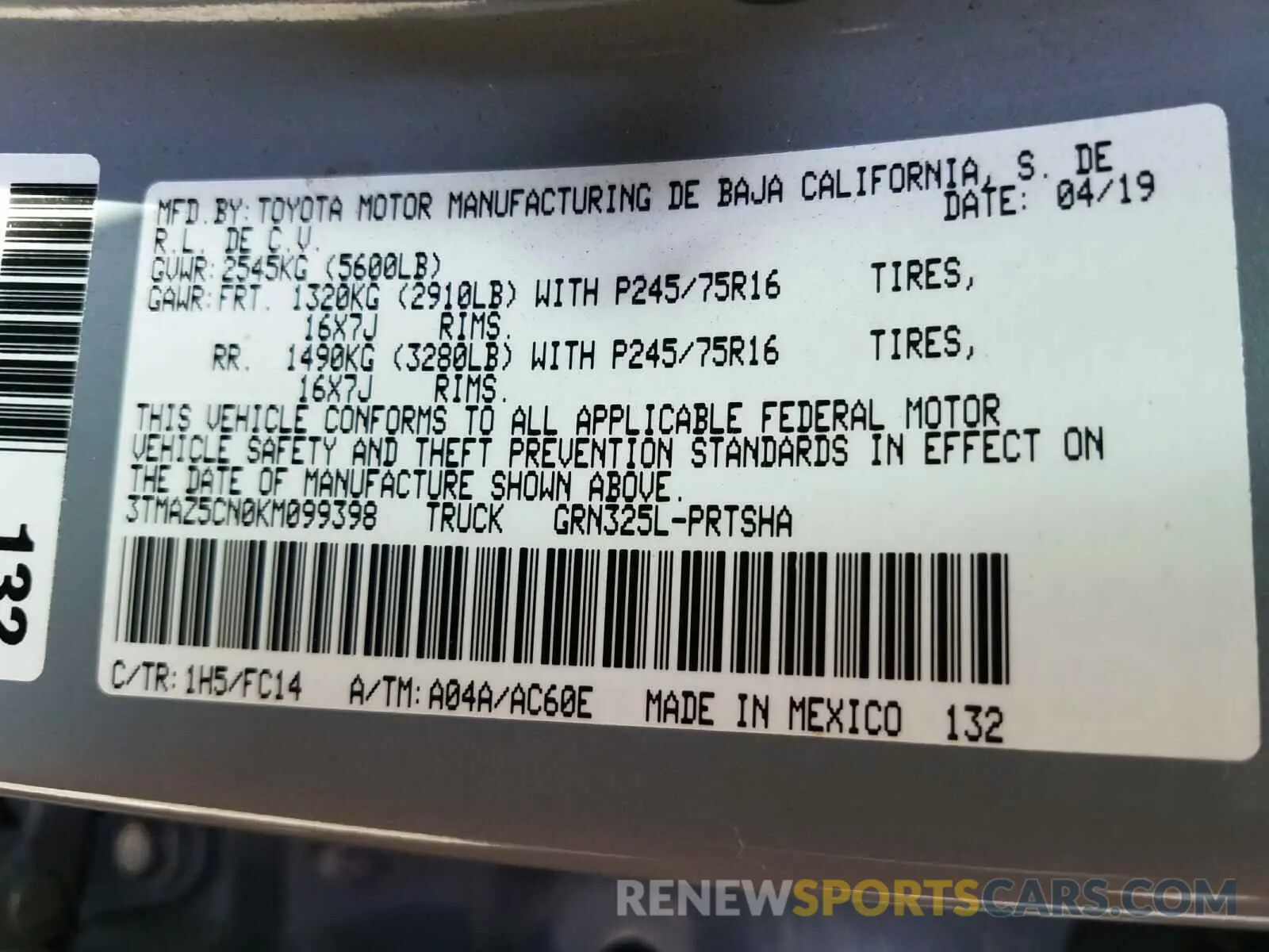 10 Photograph of a damaged car 3TMAZ5CN0KM099398 TOYOTA TACOMA 2019