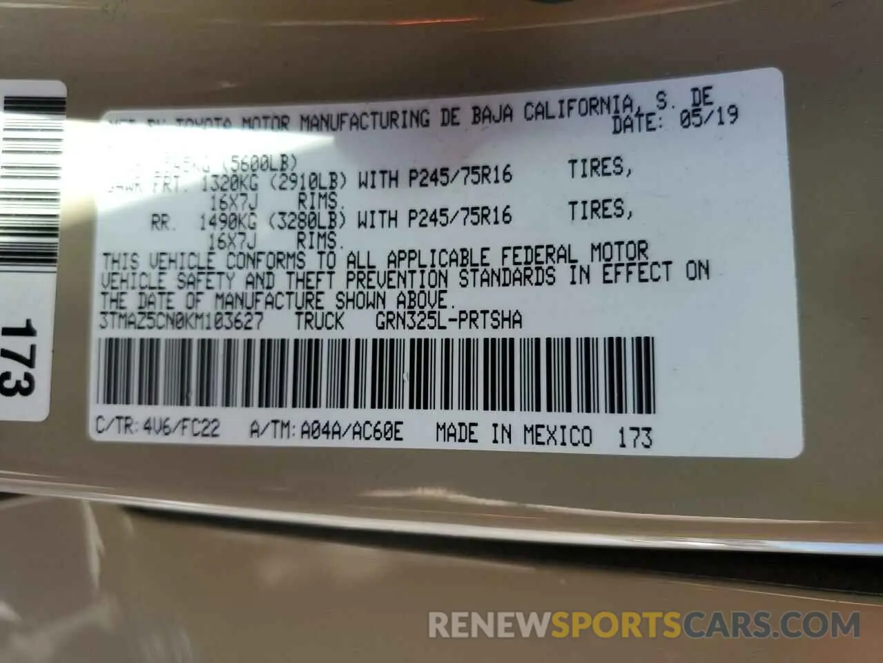 12 Photograph of a damaged car 3TMAZ5CN0KM103627 TOYOTA TACOMA 2019
