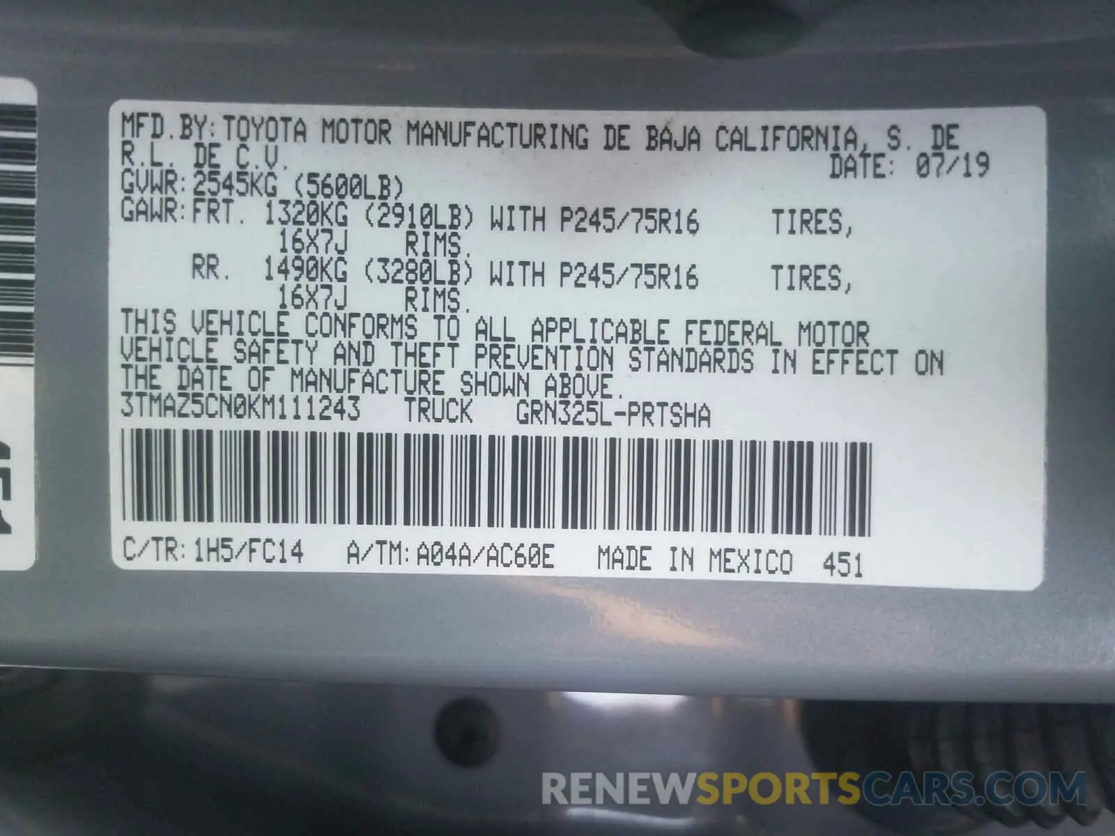 10 Photograph of a damaged car 3TMAZ5CN0KM111243 TOYOTA TACOMA 2019