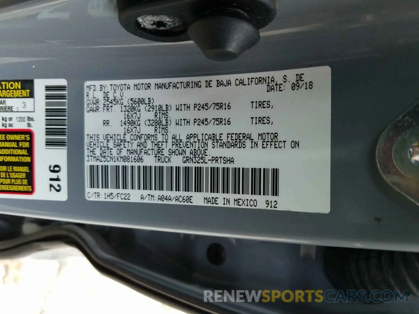10 Photograph of a damaged car 3TMAZ5CN1KM081606 TOYOTA TACOMA 2019
