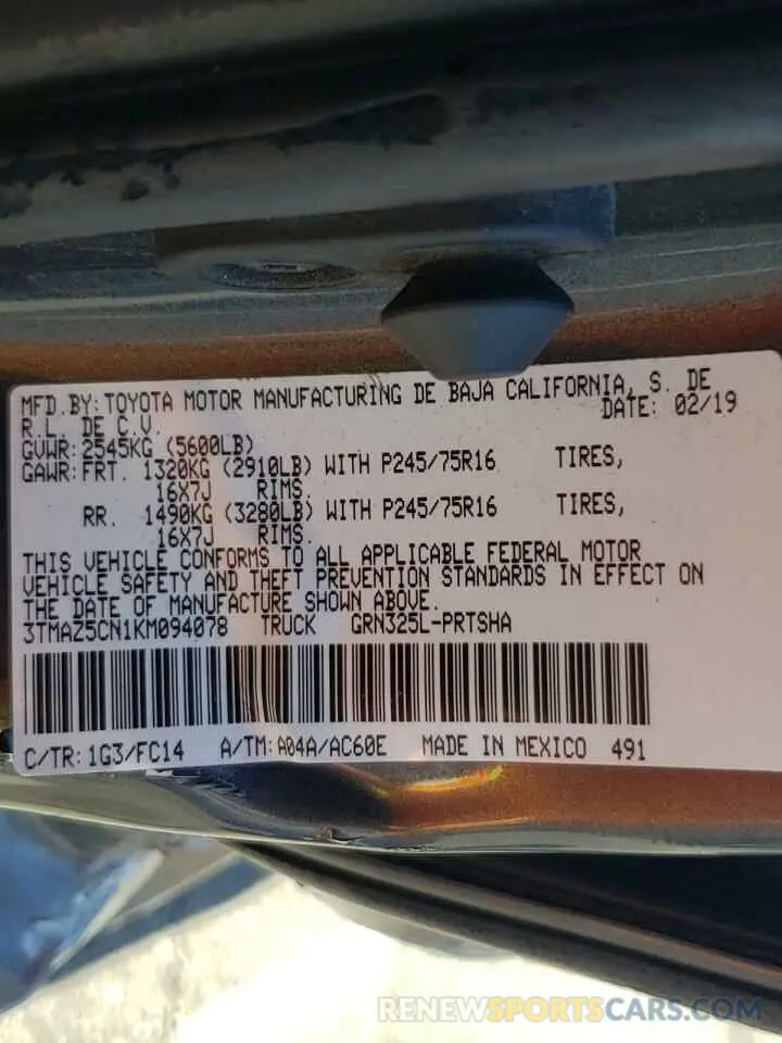 10 Photograph of a damaged car 3TMAZ5CN1KM094078 TOYOTA TACOMA 2019