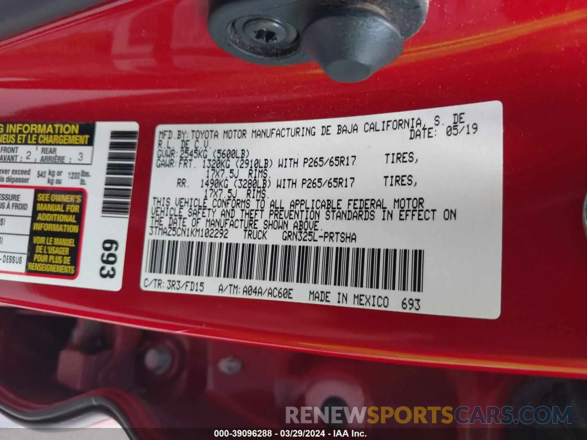 9 Photograph of a damaged car 3TMAZ5CN1KM102292 TOYOTA TACOMA 2019