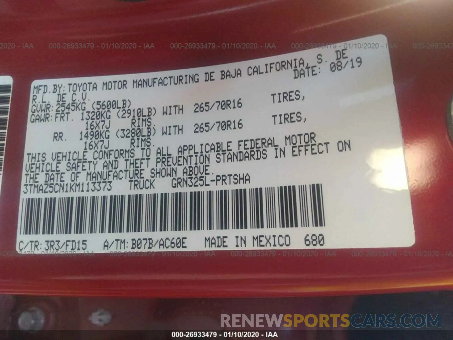 9 Photograph of a damaged car 3TMAZ5CN1KM113373 TOYOTA TACOMA 2019