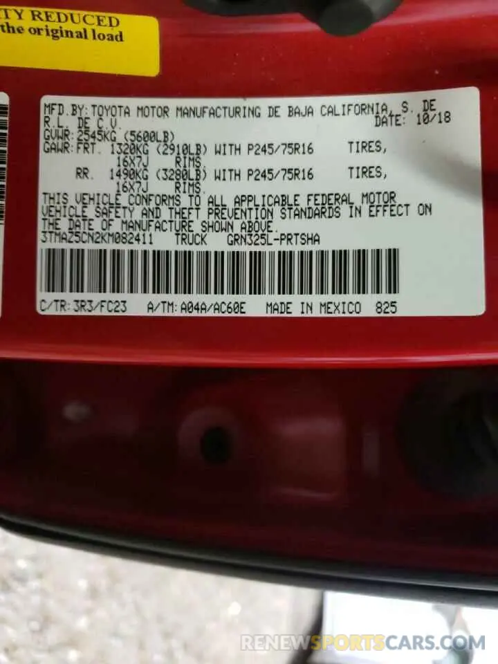 10 Photograph of a damaged car 3TMAZ5CN2KM082411 TOYOTA TACOMA 2019