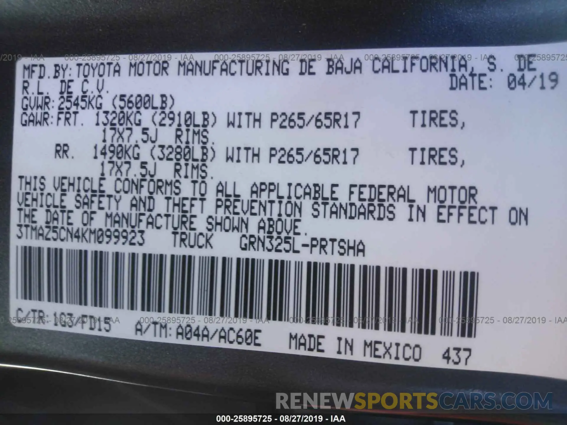 9 Photograph of a damaged car 3TMAZ5CN4KM099923 TOYOTA TACOMA 2019