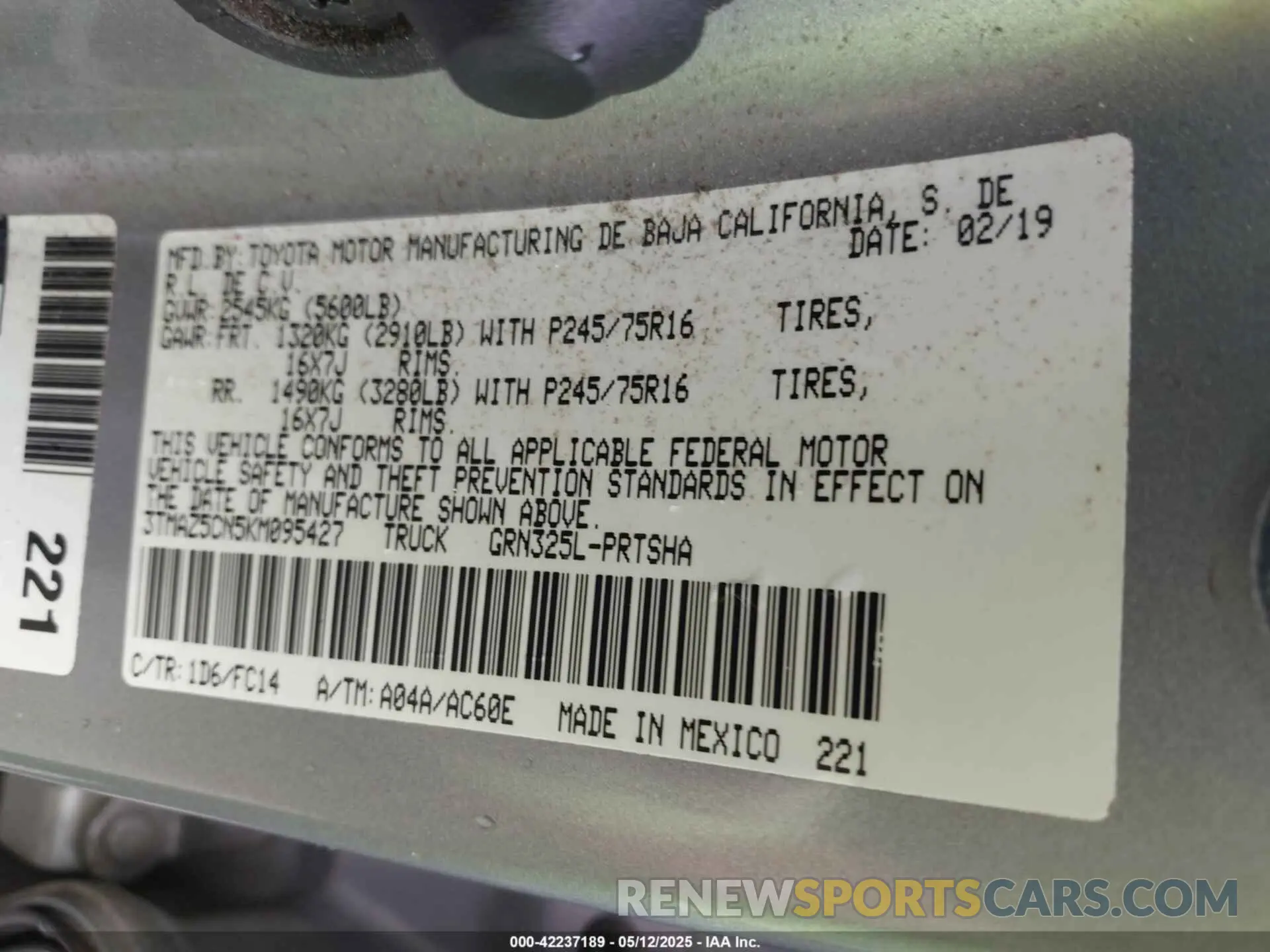 9 Photograph of a damaged car 3TMAZ5CN5KM095427 TOYOTA TACOMA 2019