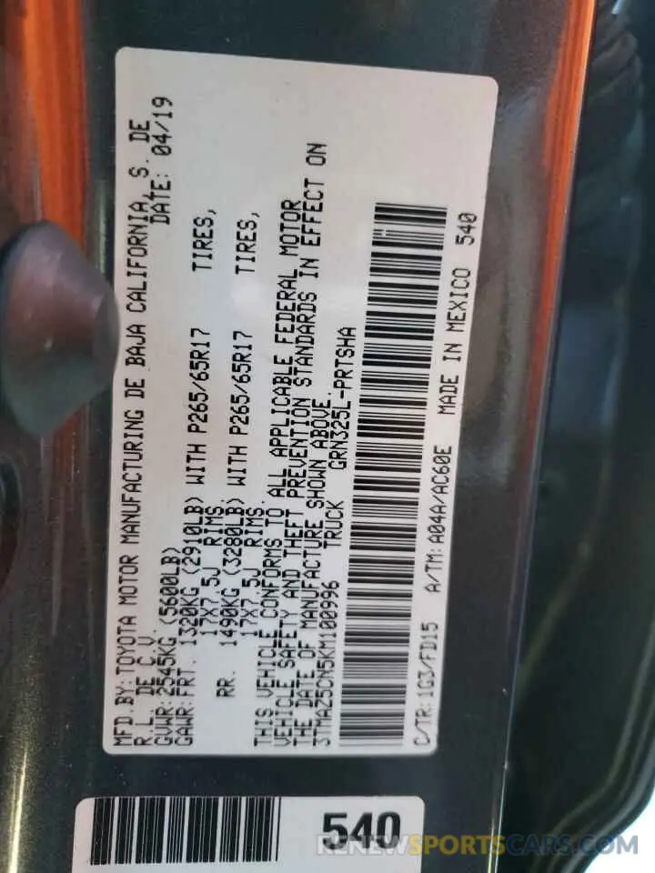 10 Photograph of a damaged car 3TMAZ5CN5KM100996 TOYOTA TACOMA 2019