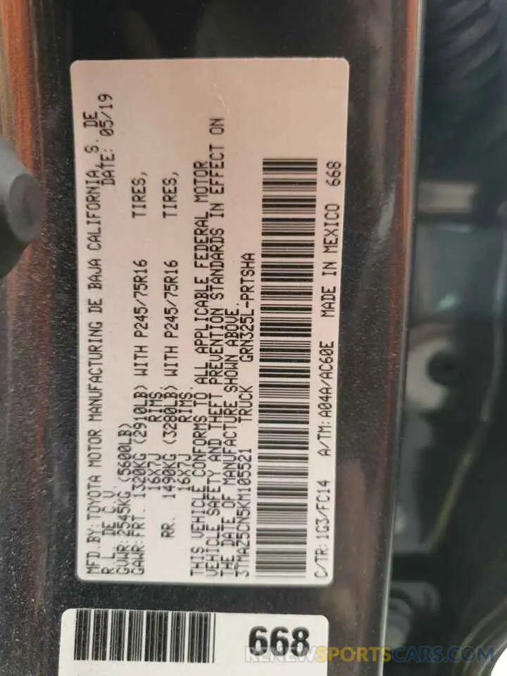 12 Photograph of a damaged car 3TMAZ5CN5KM105521 TOYOTA TACOMA 2019