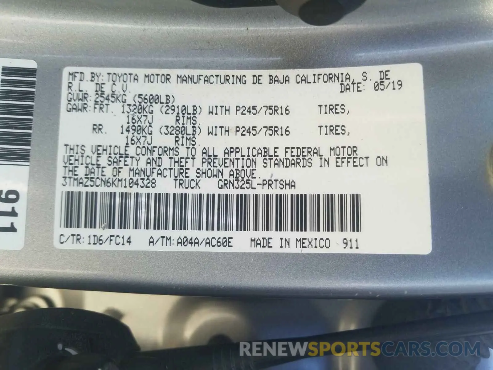 10 Photograph of a damaged car 3TMAZ5CN6KM104328 TOYOTA TACOMA 2019
