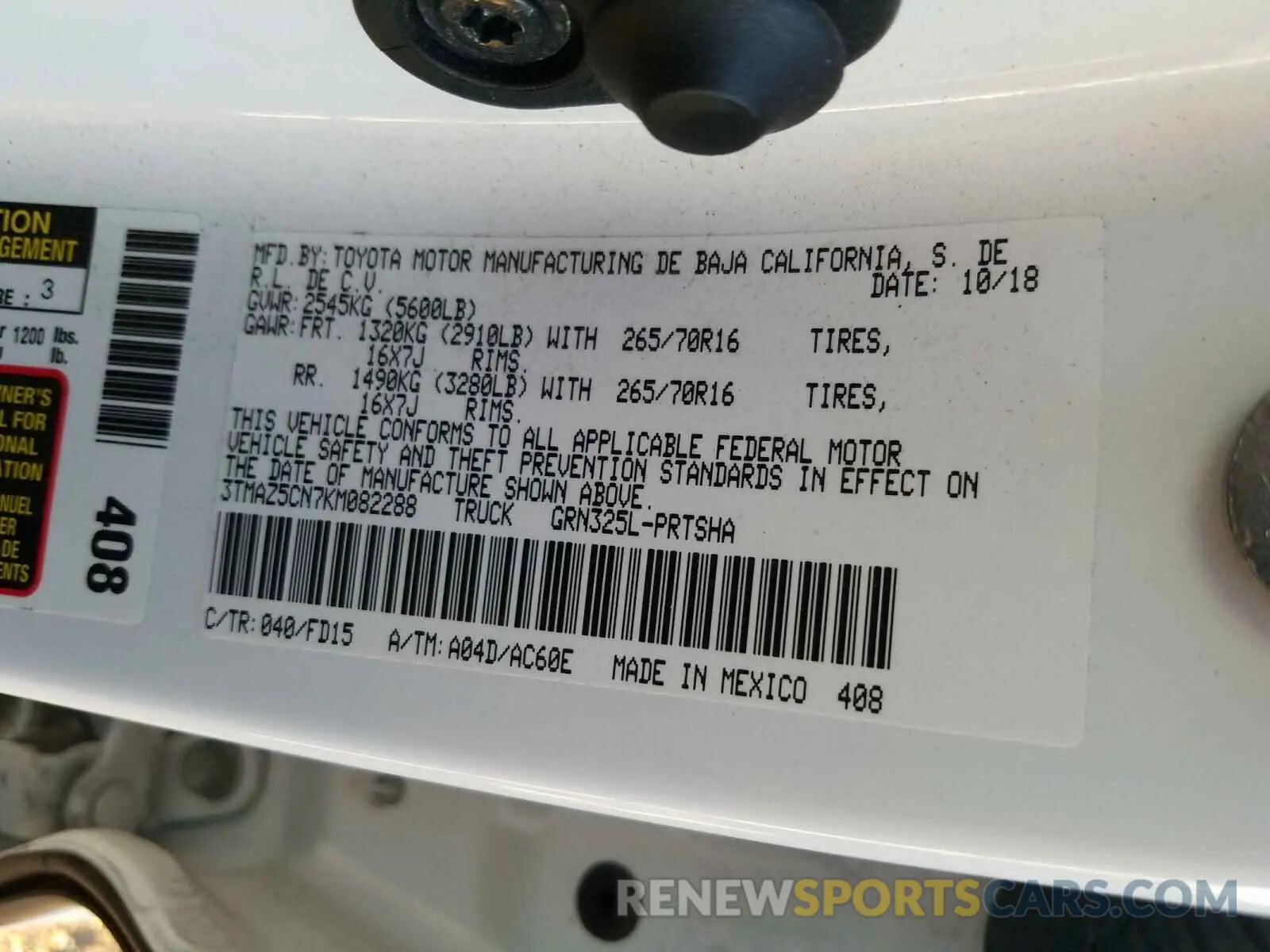 10 Photograph of a damaged car 3TMAZ5CN7KM082288 TOYOTA TACOMA 2019