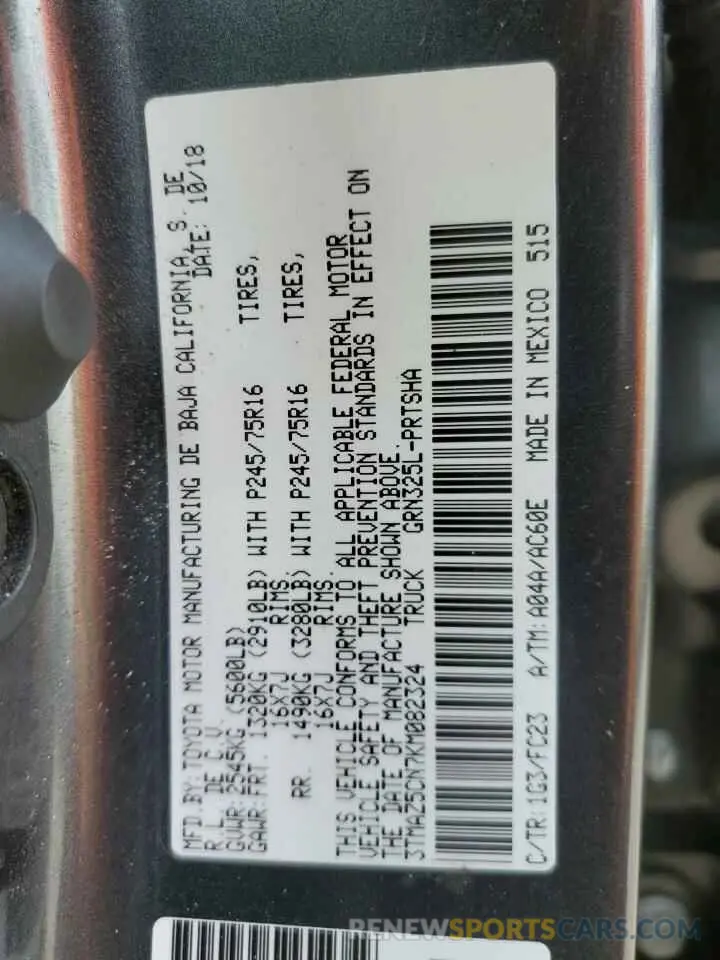12 Photograph of a damaged car 3TMAZ5CN7KM082324 TOYOTA TACOMA 2019